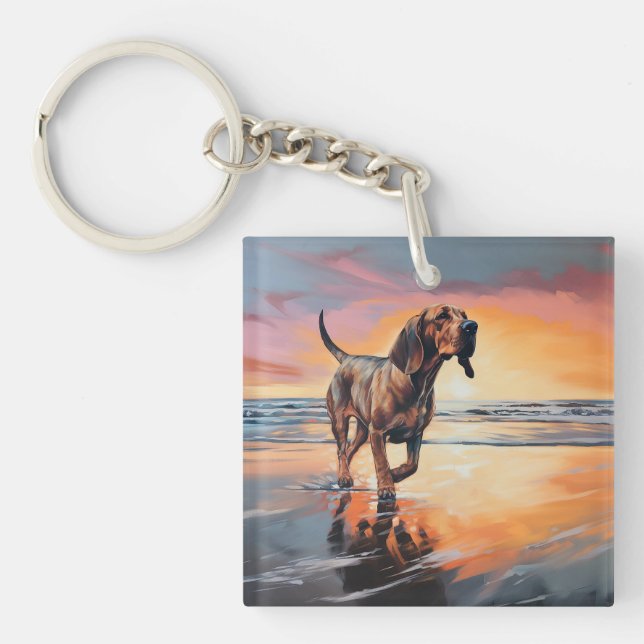 Sandy Paws Bloodhound Dog on Beach Sunset  Key Ring (Front)