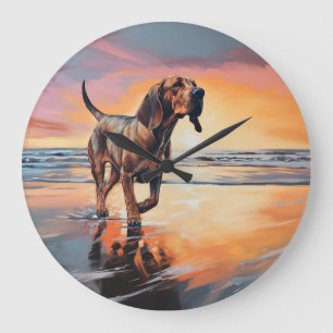 Sandy Paws Bloodhound Dog on Beach Sunset Large Clock