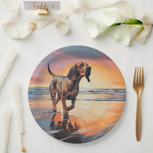 Sandy Paws Bloodhound Dog on Beach Sunset  Paper Plate