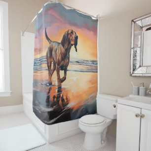 Sandy Paws Bloodhound Dog on Beach Sunset  Shower Curtain