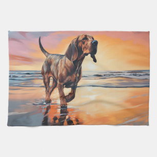 Sandy Paws Bloodhound Dog on Beach Sunset  Tea Towel