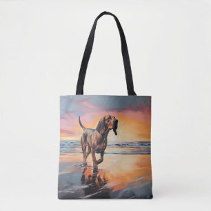 Sandy Paws Bloodhound Dog on Beach Sunset Tote Bag