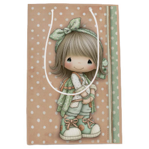 Sandy Rose Sage Green Dusty Pink Retro Polka Dot W Medium Gift Bag