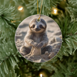 Sandy Shores: Baby Sloth Building Sand Castles, Ceramic Ornament