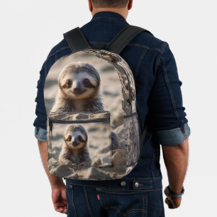 Sandy Shores: Baby Sloth Building Sand Castles, Printed Backpack