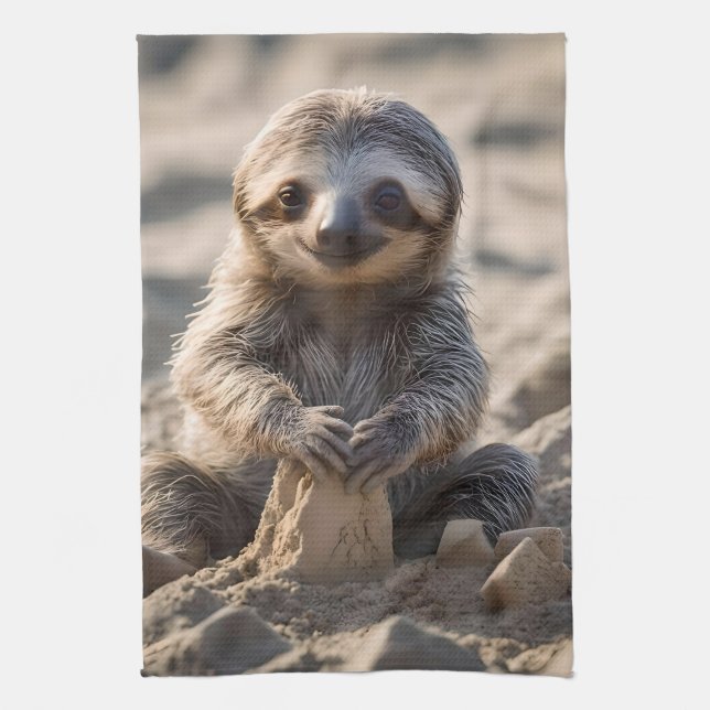 Sandy Shores : Baby Sloth Building Sand Castles, Tea Towel (Vertical)