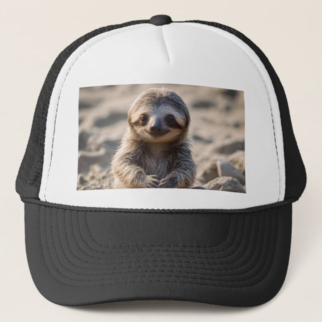 Sandy Shores: Baby Sloth Building Sand Castles, Trucker Hat (Front)