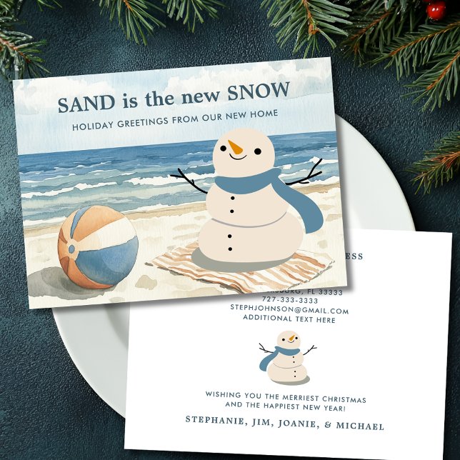 Sandy Snowman Beach Scene Holiday Moving Announcement (Sandy Snowman Beach Scene New Address Holiday Moving Announcement Flat Card with Envelope)