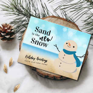 Sandy Snowman Beach Scene New Address Holiday Postcard