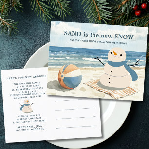 Sandy Snowman Beach Scene New Address Holiday Postcard