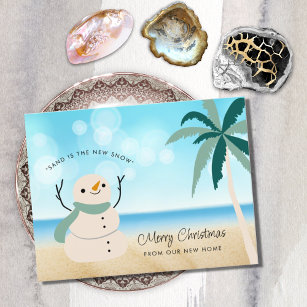 Sandy Snowman Palm Tree on Beach Holiday Moving Announcement Postcard