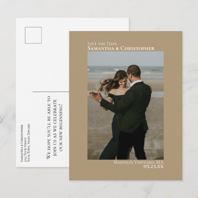 Sandy Tan Minimalist Wedding Photo Save The Date Announcement Postcard (Front/Back)