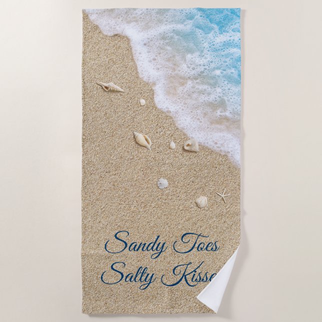Sandy Toes Salty Kisses Blue Beach Waves Towel (Front)