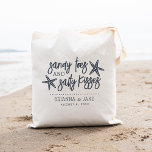 Sandy Toes & Salty Kisses Destination Wedding Tote Bag<br><div class="desc">A perfect favour or welcome bag for your destination wedding,  this beachy summer design features "sandy toes and salty kisses" in navy blue lettering with two starfish. Personalise with your names and wedding date beneath.</div>