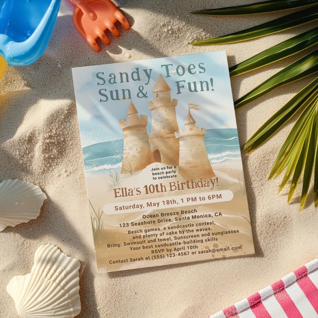  Sandy Toes Sun Fun Beach Sand Castle Kid birthday Invitation (Sandy Toes Sun Fun Beach Sand Castle Kid birthday Invitation)