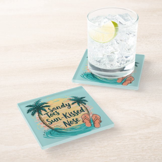 Sandy Toes Sun-Kissed Nose Beach Aesthetic Glass Coaster (Angled)