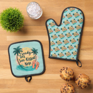 Sandy Toes Sun-Kissed Nose Beach Aesthetic Oven Mitt & Pot Holder Set