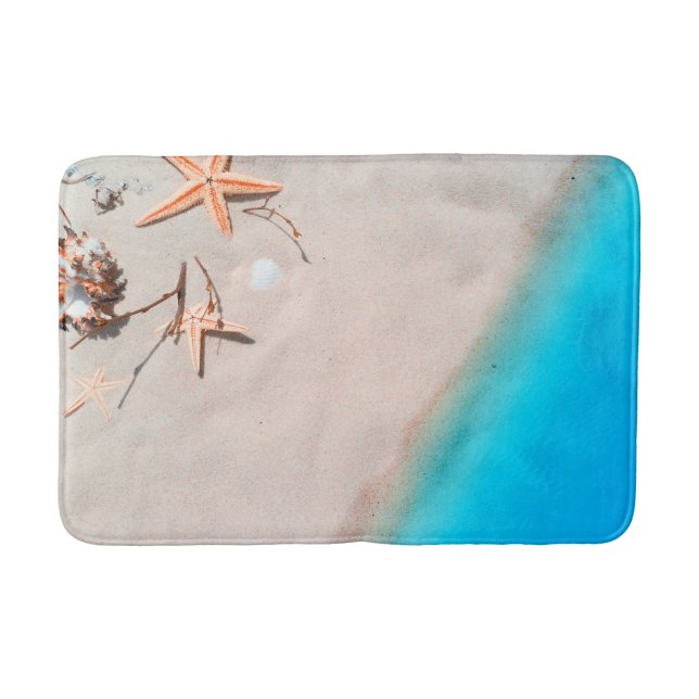 Sandy Tropical Beach Starfish Seashell Bath Mat (Front)