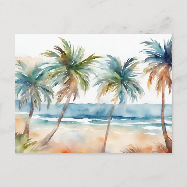 Sandy Watercolor Tropical Beach, Palm Trees Postcard (Front)