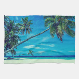 Sandy White Beach with Tropical Palm Trees Tea Towel