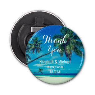 Sandy White Beach with Tropical Palm Trees Wedding Bottle Opener
