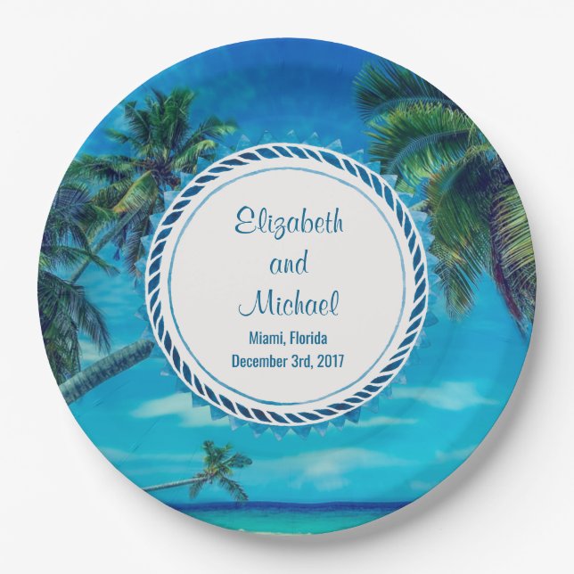 Sandy White Beach with Tropical Palm Trees Wedding Paper Plate (Front)