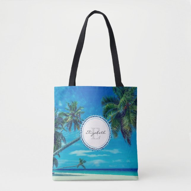 Sandy White Beach with Tropical Palms Monogram Tote Bag (Front)