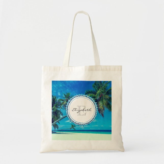 Sandy White Beach with Tropical Palms Monogram Tote Bag (Front)