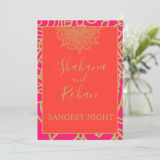 Sangeet Indian Style Orange Pink Gold  Elegant  Invitation (Standing Front)
