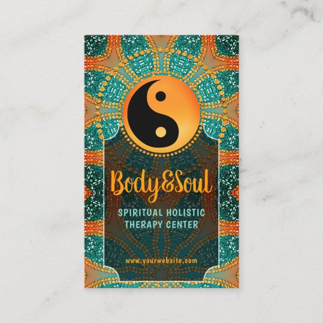 Sangria Gold Sparkle Teal Orange Yin Yang Balance Business Card (Front)