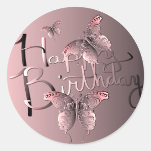 Sangria Pink Butterfly"Happy Birthday!" Classic Round Sticker