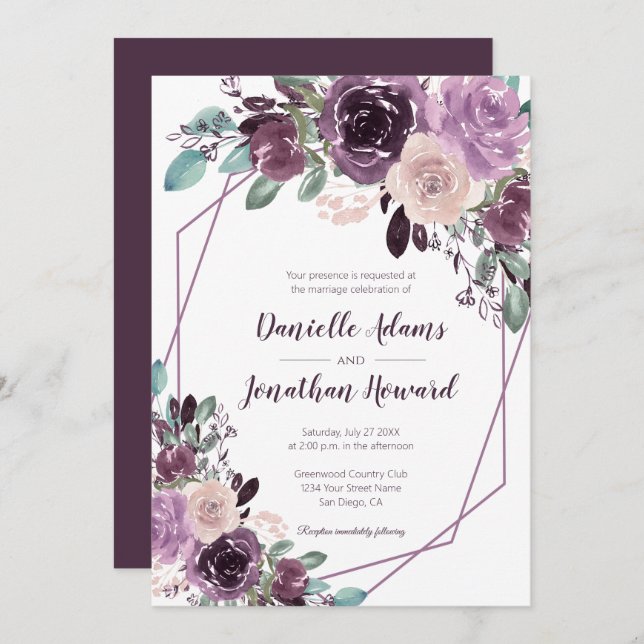 Sangria Purple Floral Geometric Wedding | Invitation (Front/Back)