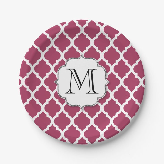 Sangria Red Moroccan Tile w/ Customisable Monogram Paper Plate (Front)
