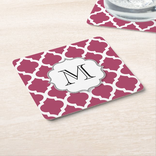Sangria Red Moroccan Tile w/ Customisable Monogram Square Paper Coaster (Angled)