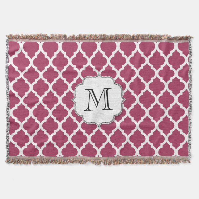 Sangria Red Moroccan Tile w/ Customisable Monogram Throw Blanket (Front)