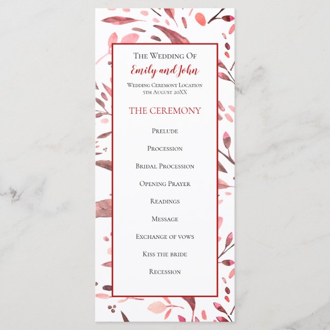 Sangria Red Watercolor Leaves Wedding Program (Front)