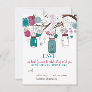 Sangria & Teal Mason Jars RSVP Wedding Invitation