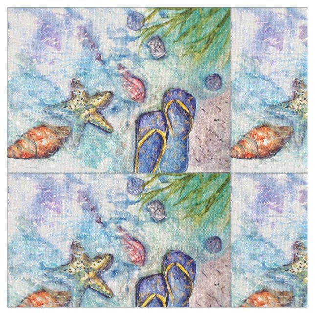 Sanibel Island Flip Flop watercolor painting Fabric (Close Up)