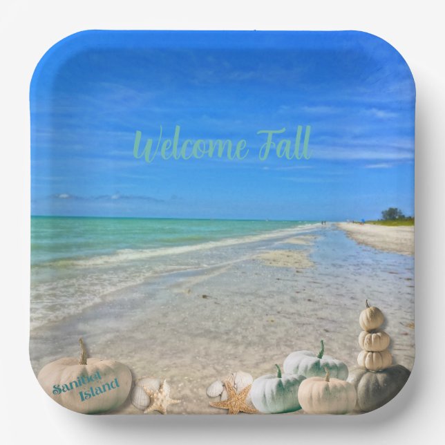 Sanibel Island Florida Beach with Fall Pumpkins  Paper Plate (Front)