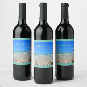 Sanibel Island Florida Beach with Fall Pumpkins Wine Label