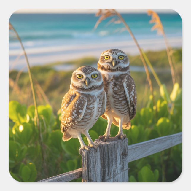 Sanibel Island Florida couple of burrowing owl Square Sticker (Front)