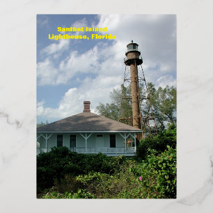 Sanibel Island Lighthouse Fl. Foil Holiday Postcard