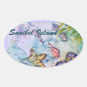 Sanibel Island Watercolor Florida Art Oval Sticker