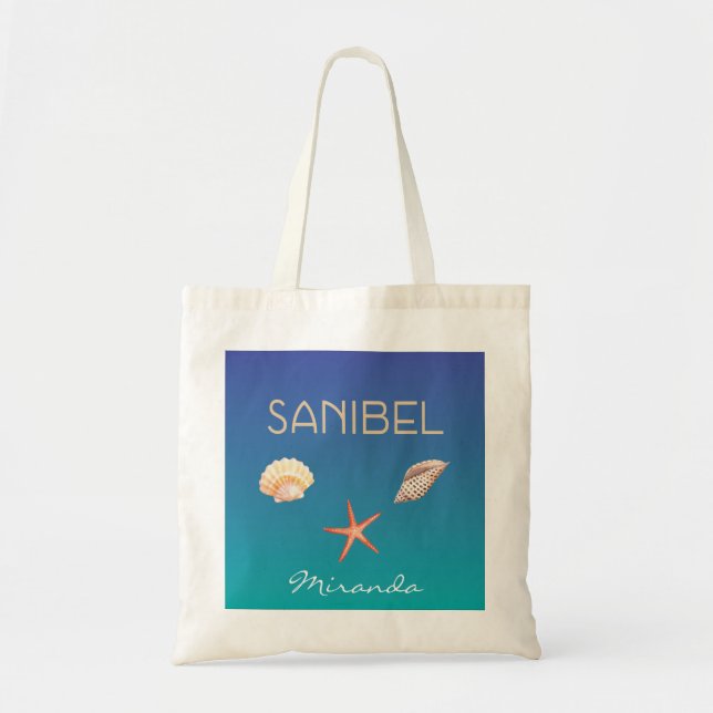 Sanibel with seashells and custom name tote bag (Front)