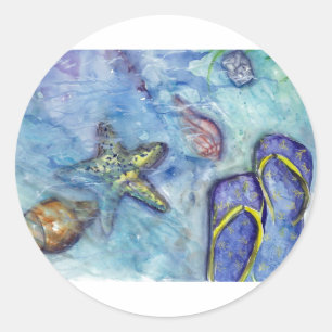 Sanidbel Sandals Watercolor Flip Flops Beach Theme Classic Round Sticker