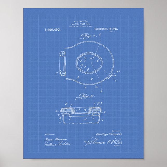Sanitary Toilet Seat 1922 Patent Art Blueprint Poster (Front)