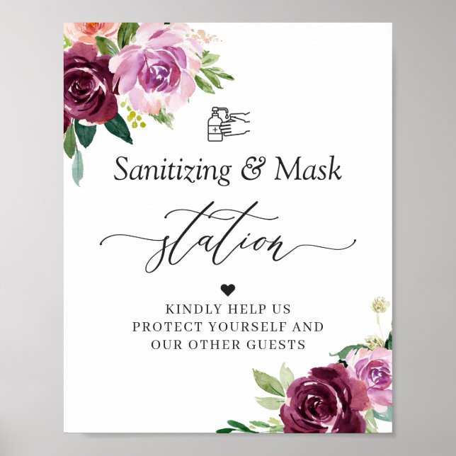 Sanitising Mask Station Sign Mauve Purple Floral (Front)