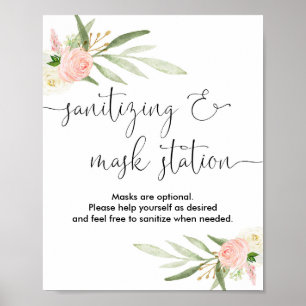 Sanitising mask station sign pink greenery gold