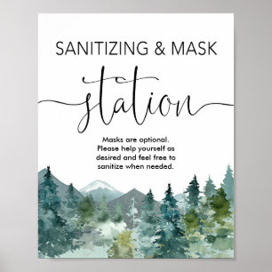 Sanitising mask station sign rustic mountains