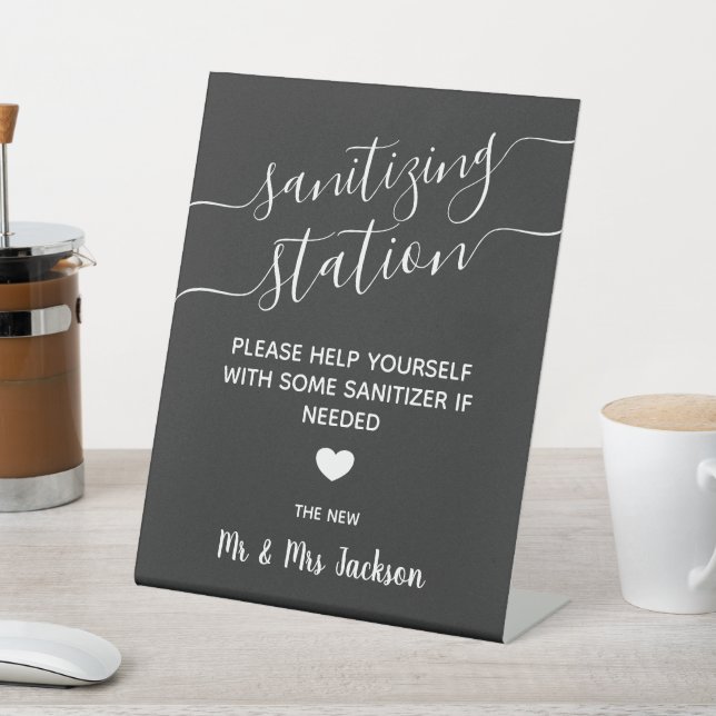 Sanitising station minimal modern wedding safety p pedestal sign (In SItu)